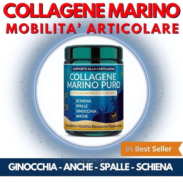 A high-contrast static ad for marine collagen that uses clear text-based benefits and visual product hierarchy to drive interest in joint mobility.